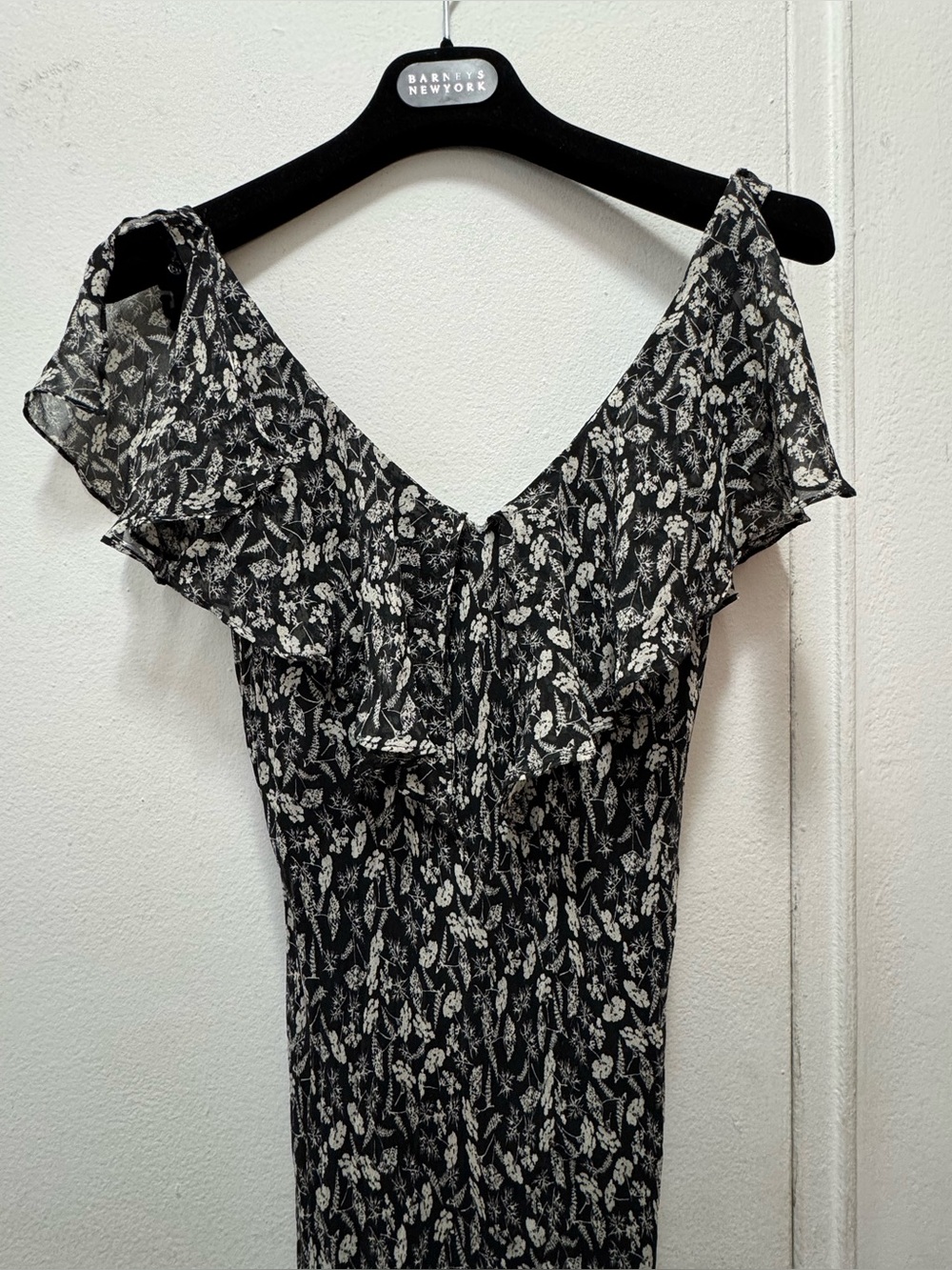 Vintage Y2K Jones New York Black Floral Ruffle Midi Fairy Dress Size 4 Silk